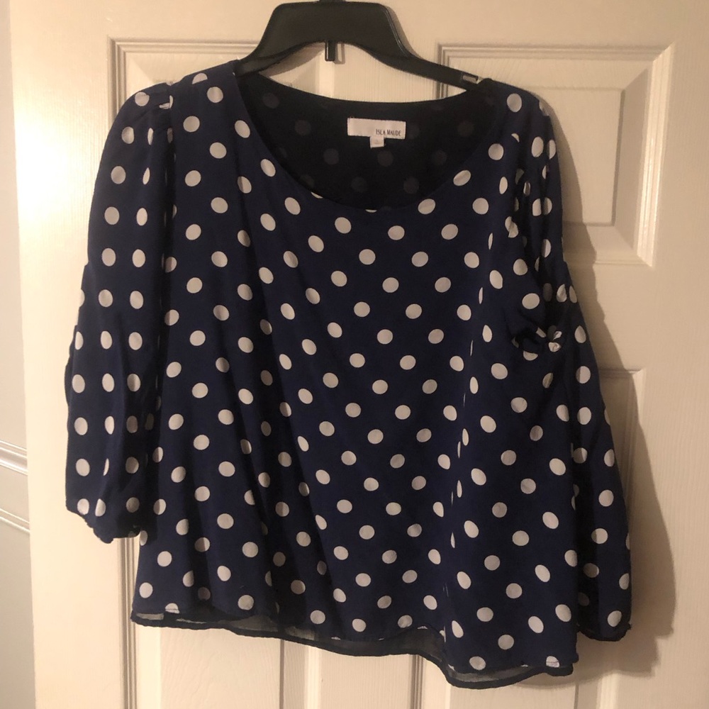 Isla Maude Blue and White Polka Dot SZ L Top    ANTHROPOLGIE